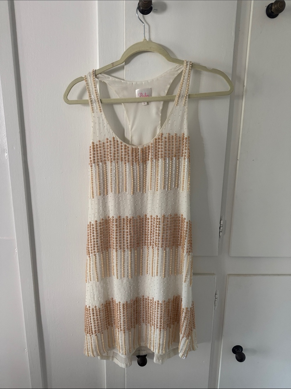 Parker Beaded Stripe Sleeveless Dress in Cream and Gold